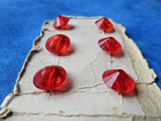 5749 - Bg –6 Sparkling Red Precision Cut Glass 3/8” Vintage Buttons Orig Part Card