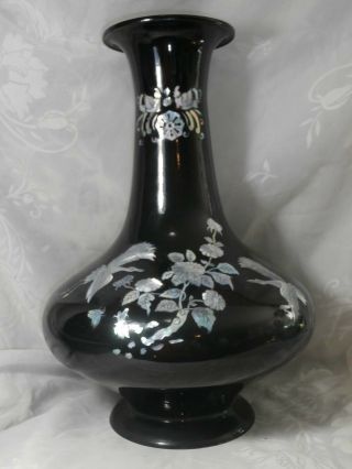 Large Black Lacquer Metal Vase With Mother Of Pearl Inlay Crane & Flowers Design