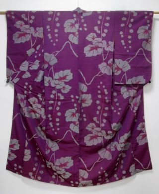 Japanese Silk Antique Kimono / Omeshi / Flower & Leaves / Silk Fabric /136