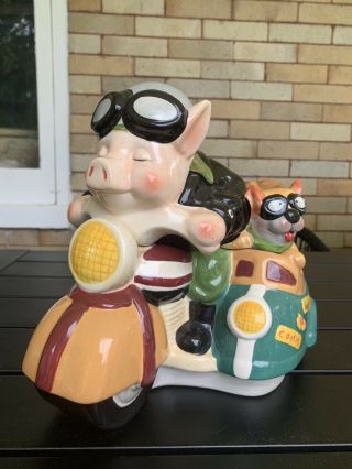 Pig And Dog Motorcycle Sidecar Cookie Jar Ceramic Made In China