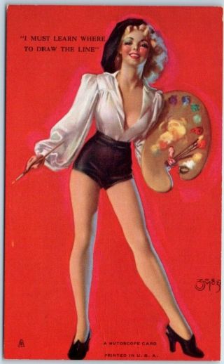 Vintage Pin - Up Girl Mutoscope Card " I Must Learn Where To Draw The Line " Mozert