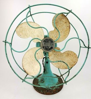 Antique Emerson Non - Oscillating Desk Fan Vintage Deco Turquoise