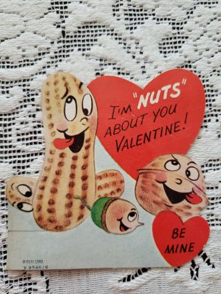 Vtg Valentine Greeting Card Diecut Anthropomorphic Peanuts,  A - Meri - Card 50s