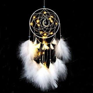 Led Dream Catcher Moon Crystal Catchers White Feather Native American Wall Decor