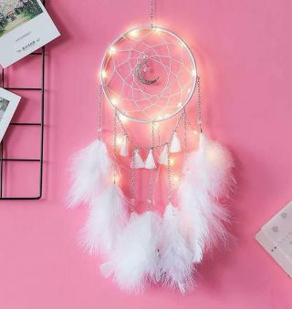 LED Dream Catcher Moon Crystal Catchers White Feather Native American Wall Decor 3
