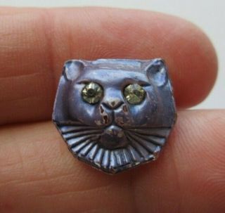 Spectacular Antique Vtg Painted Clear Glass Button Kitty Cat W/ Paste Eyes (ab)