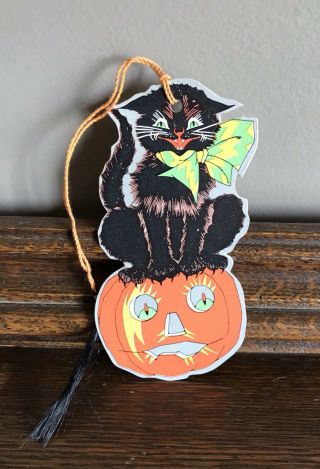 Vintage Halloween Black Cat & Illuminated Jack - O - Lantern Tally Card