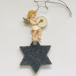 Vintage Plastic Little Angel Drummer Black Glitter Star Christmas Tree Ornament