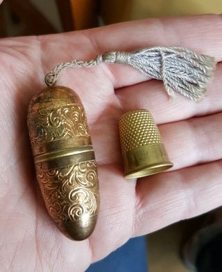 Victorian Gilded Brass Bullet Thimble Case With Tassel