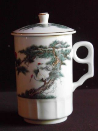 Asian Design Porcelain Cranes Bonsai Tree Mug With Lid Tea Or Coffee Cup Soup