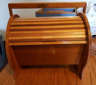 Vintage Wood Sewing Box Roll Top Cover Handle Wooden W Spool Rack Thread Notions