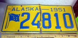 1951 Alaska Metal License Plate 24810,  Steel Plate,  Alaska Flag Crease In Middle