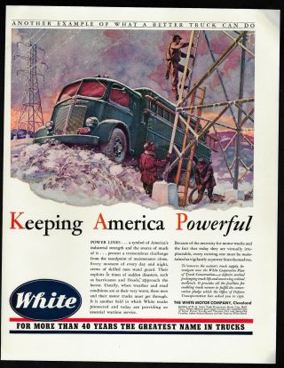 White Trucks 16 Cleveland Illustration Art Power Lines 1943 Vintage Print Ad