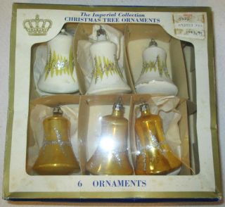 Vintage Box Of 6 Poland Hand Painted Glitter Glass Bell Christmas Tree Ornaments