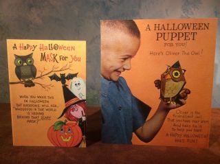 2 Vintage Halloween Cards Owl Mask,  Owl Puppet Rust Craft,  Hallmark