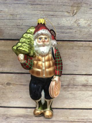 Retired Brn China Glass Christmas Ornament Santa In Flannel With Tree