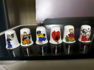 6 Popeye & Oyl Thimbles,  Bone China Porcelan Collector Must Have,  Pre - Owned
