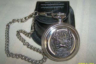Franklin Harley Davidson Eagle W/flames Pocket Watch & Leather Pouch Chain