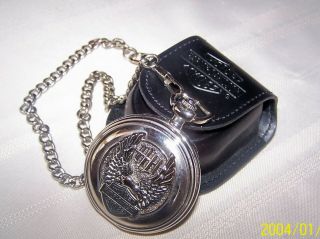Franklin Harley Davidson Eagle w/Flames Pocket Watch & Leather Pouch Chain 2