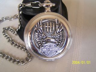 Franklin Harley Davidson Eagle w/Flames Pocket Watch & Leather Pouch Chain 3