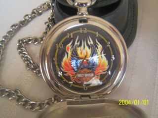 Franklin Harley Davidson Eagle w/Flames Pocket Watch & Leather Pouch Chain 4