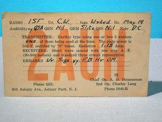 1924 Ham Radio Qsl Card - 2auh,  Asbury Park,  Nj