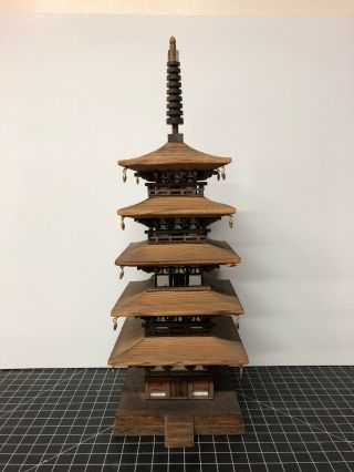 Vintage Wooden Pagoda Hand Made Model 14” Tall 5 Story Asian House Architecture