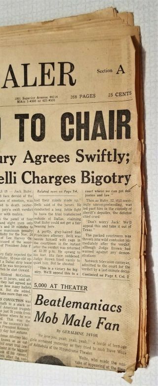 March 15,  1964 Cleveland Plain Dealer Newspaper Jack Ruby Condemned JFK S&H 2