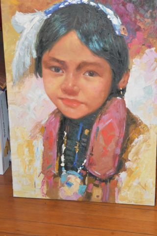 Collectible Native American Art Portrait Oil Painting Of Indian Maiden