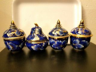 Set Of 4 Thailand Hand Painted Lidded Urn Ginger Jar Blue Gold 3