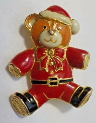 Vintage Teddy Bear Dressed As Santa Claus Christmas Brooch Pin