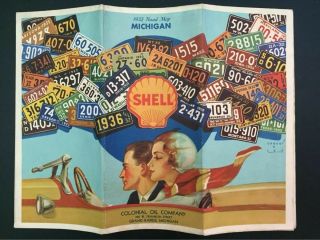 1932 Shell Oil (colonial) Michigan Road Map.  Rare