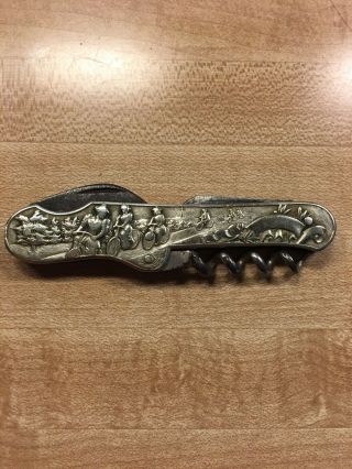 Antique Pocket Knife With Cork Screw With Bicycle Riders
