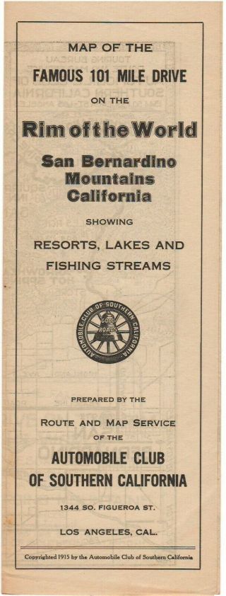 1915 101 Mile Drive Rim Of The World San Bernardino Mountains Ca Auto Club Map