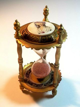 Vintage Porcelain Damascene Giltded Brass Hourglass