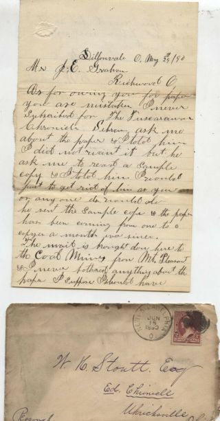 1890 Dillonvale Ohio Richwood Newspaper Editor Coal Mines Mount Pleasant Letter