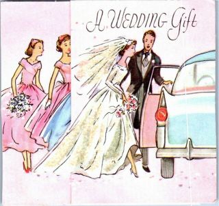 Pink Aqua Teal Wedding Bride Glitter Girl Lady Car Vtg Christmas Greeting Card