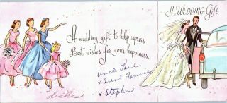 Pink Aqua Teal Wedding Bride Glitter Girl Lady Car VTG Christmas Greeting Card 2