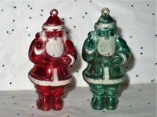 2 Vtg Christmas Hard Plastic Santas Tree Ornaments 1 Rare Blue/green
