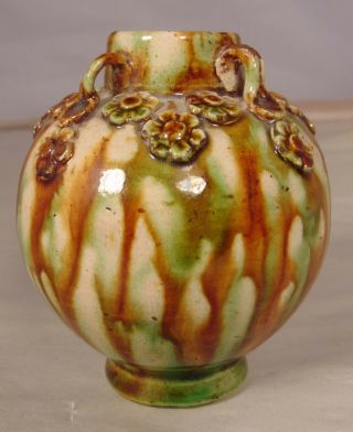 Antique Asian Art Pottery Drip Glaze Vase Applied Handles And Flowers
