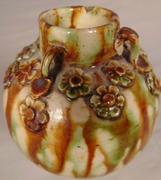 Antique Asian Art Pottery Drip Glaze Vase Applied Handles and Flowers 2