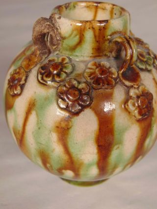 Antique Asian Art Pottery Drip Glaze Vase Applied Handles and Flowers 3
