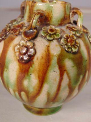 Antique Asian Art Pottery Drip Glaze Vase Applied Handles and Flowers 5