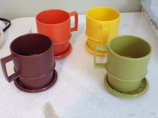 Tupperware Stackable Mugs Set Of 4 Vintage Harvest Color Coffee Cups W/coasters