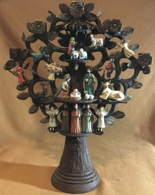 Mexican Tree Of Life Folk Art Pottery Nativity Scene Candelabra 18 " Tall