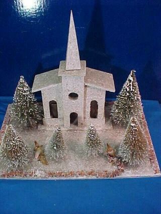 1930s Christmas Putz Village Church Building Display W Bottle Brush Trees Etc