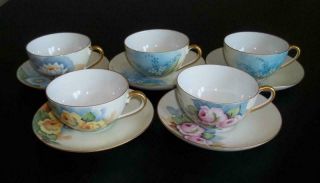 Set Of 5 Hand Painted Cups & Saucers Germany Floral Design B&r Co,  Gold Trim