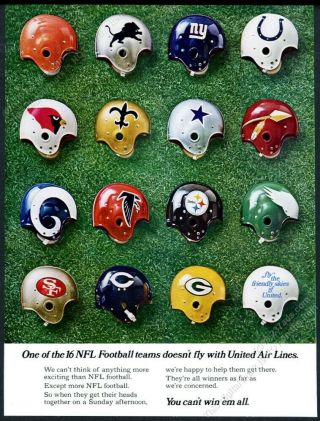 1969 Nfl Football 15 Team Helmet Photo United Airlines Vintage Print Ad
