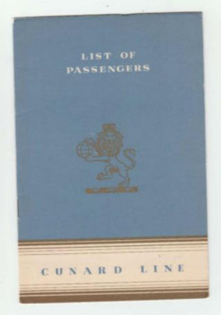 May 26,  1953 Cunard White Star Lines List Of Passengers Booklet