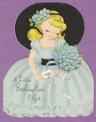 Vtg Die Cut Birthday Card Girl Large Black Bonnet Pale Blue Dress Flower Bouquet